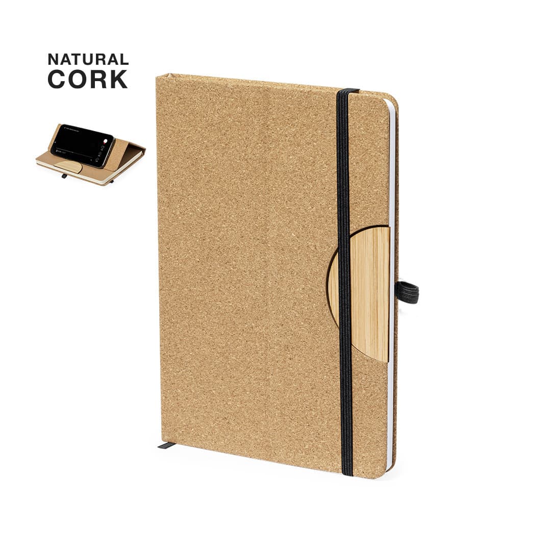 A cork notebook featuring a bamboo closure, with a black elastic band and a logo. Drizax Holder Notepad - Image 1