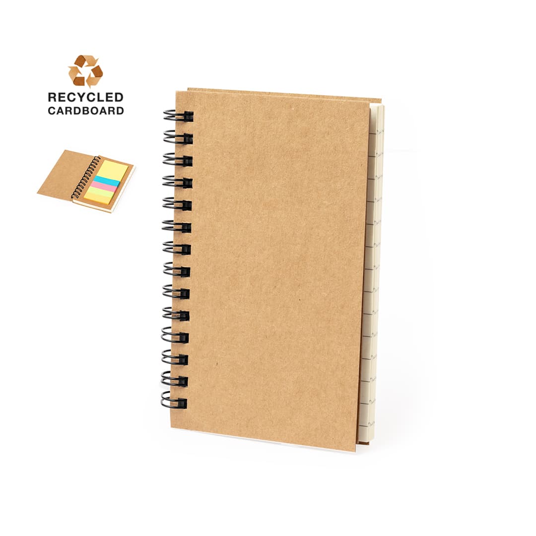 A notepad with a brown recycled cardboard cover and spiral binding, featuring lined pages and a logo. Estein Sticky Notepad - Image 1