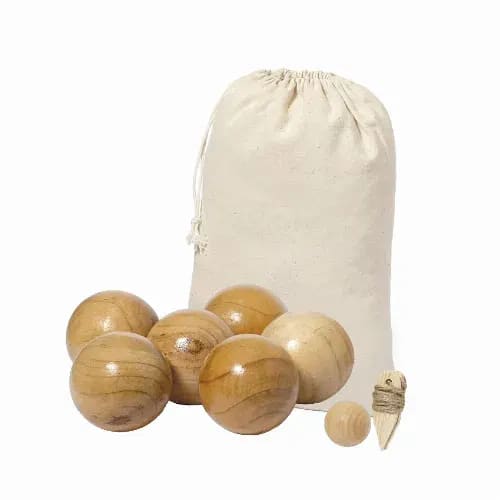 A set of wooden balls in various shades of brown, accompanied by a beige fabric bag and a small wooden peg. Delero - Image 1