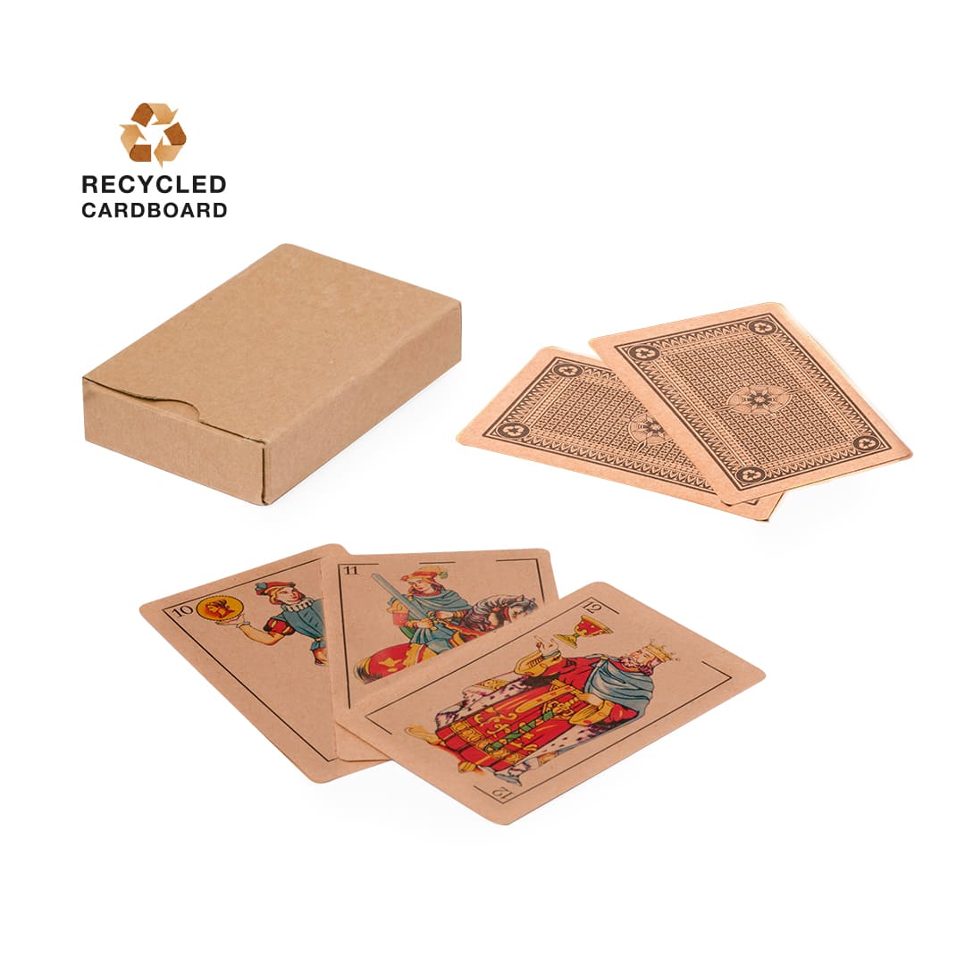 A set of playing cards with a rustic design alongside a kraft cardboard box, featuring a recycled cardboard label. Brisca Spanish Playing Cards - Image 1