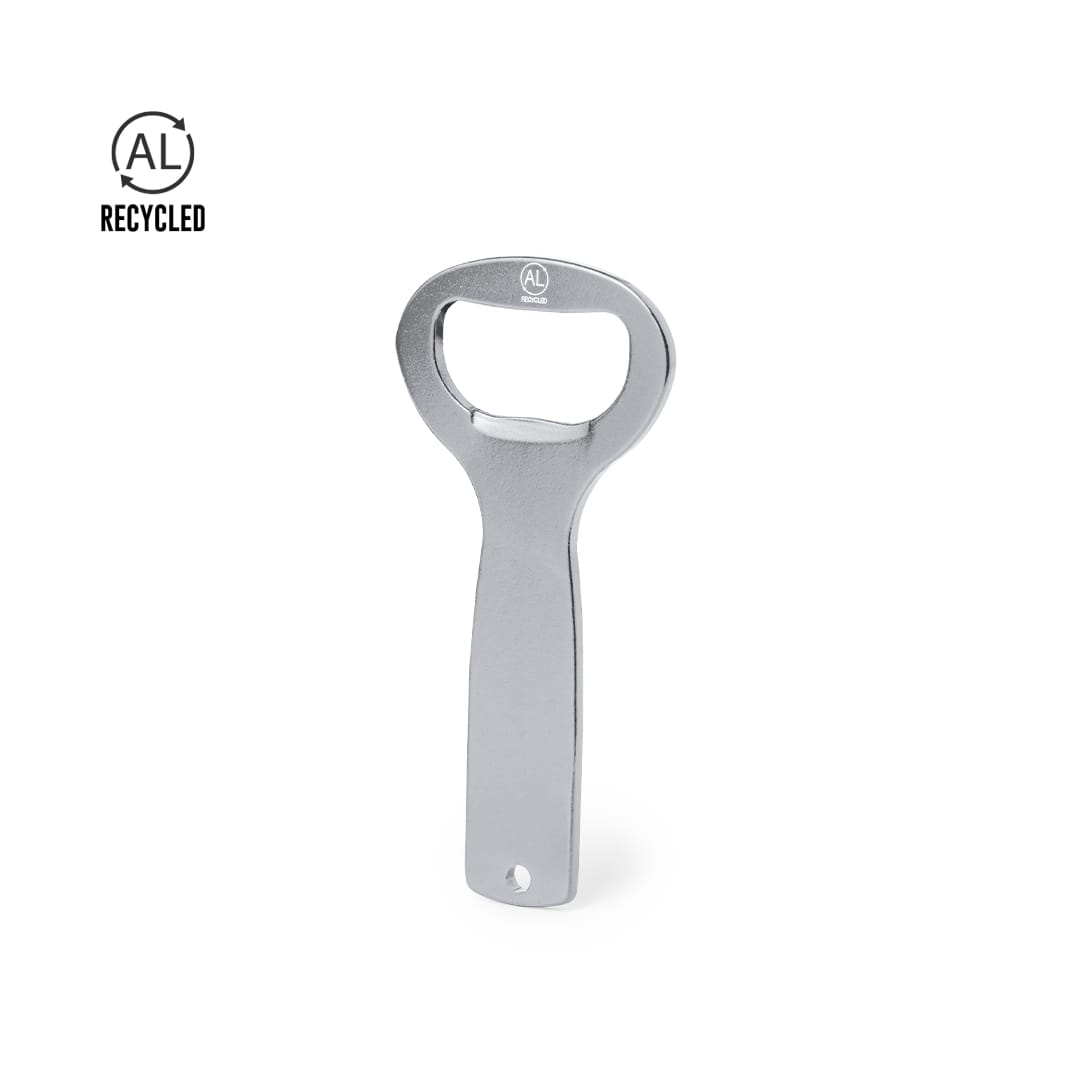 A bottle opener in silver with a simplistic design, featuring a logo and made from recycled material. Gambit Opener - Image 1