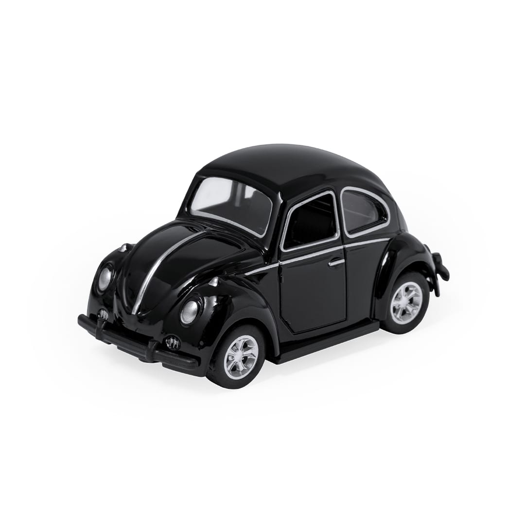 A black model car resembling a classic Volkswagen Beetle, featuring silver detailing and realistic wheels. Cochep Model - Image 1