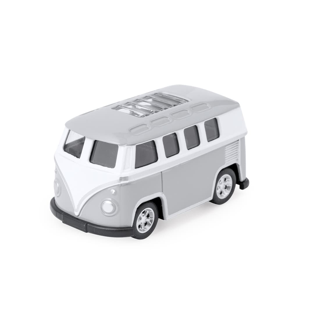 A grey and white toy van with detailed features and shiny wheels, featuring a branding logo on the side. Furgon Model - Image 1