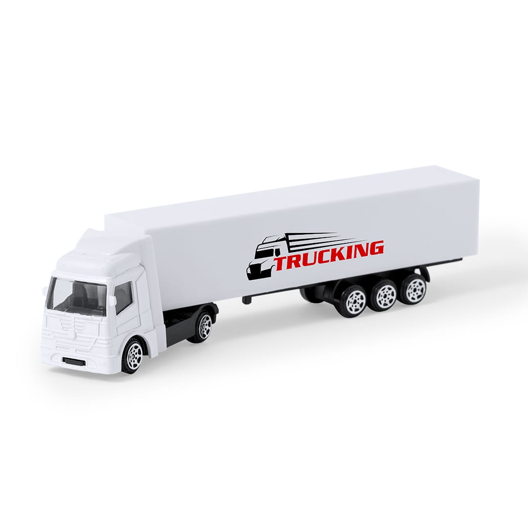 A white toy truck with six wheels and a trailer, featuring a logo on the side. Truck Model - Image 1