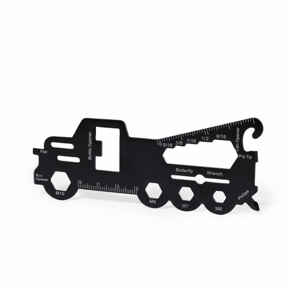 A multifunctional black tool in the shape of a truck features measurement markings, a bottle opener, and a wrench. Zorlix - Image 1