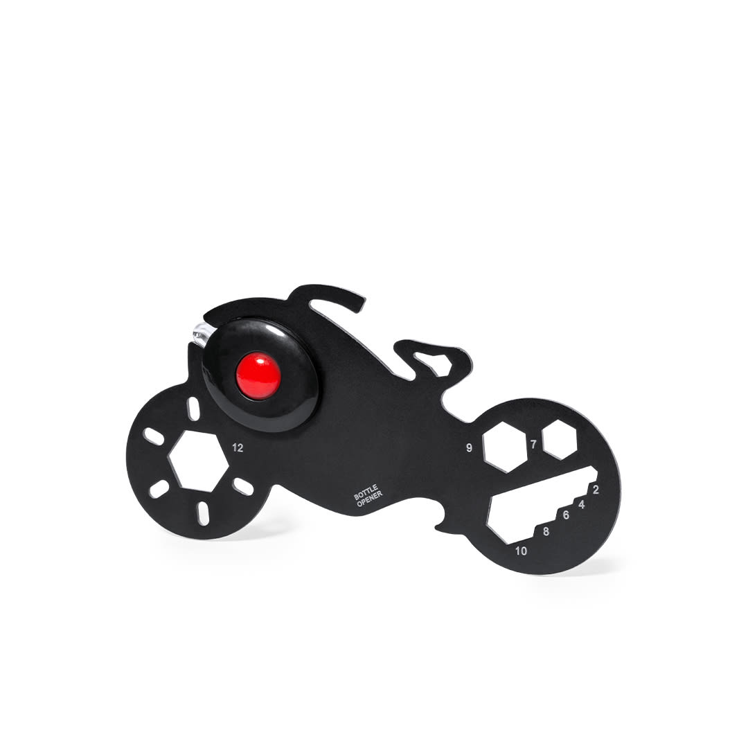 A black multitool in the shape of a motorcycle, featuring various tool openings and a red bottle opener. Flanery Multitool - Image 1