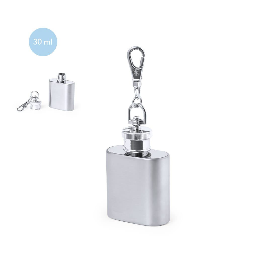 A silver hip flask keyring with a secure cap and a clip for easy attachment, holding 30 ml. Deneb Hip Flask Keyring - Image 1