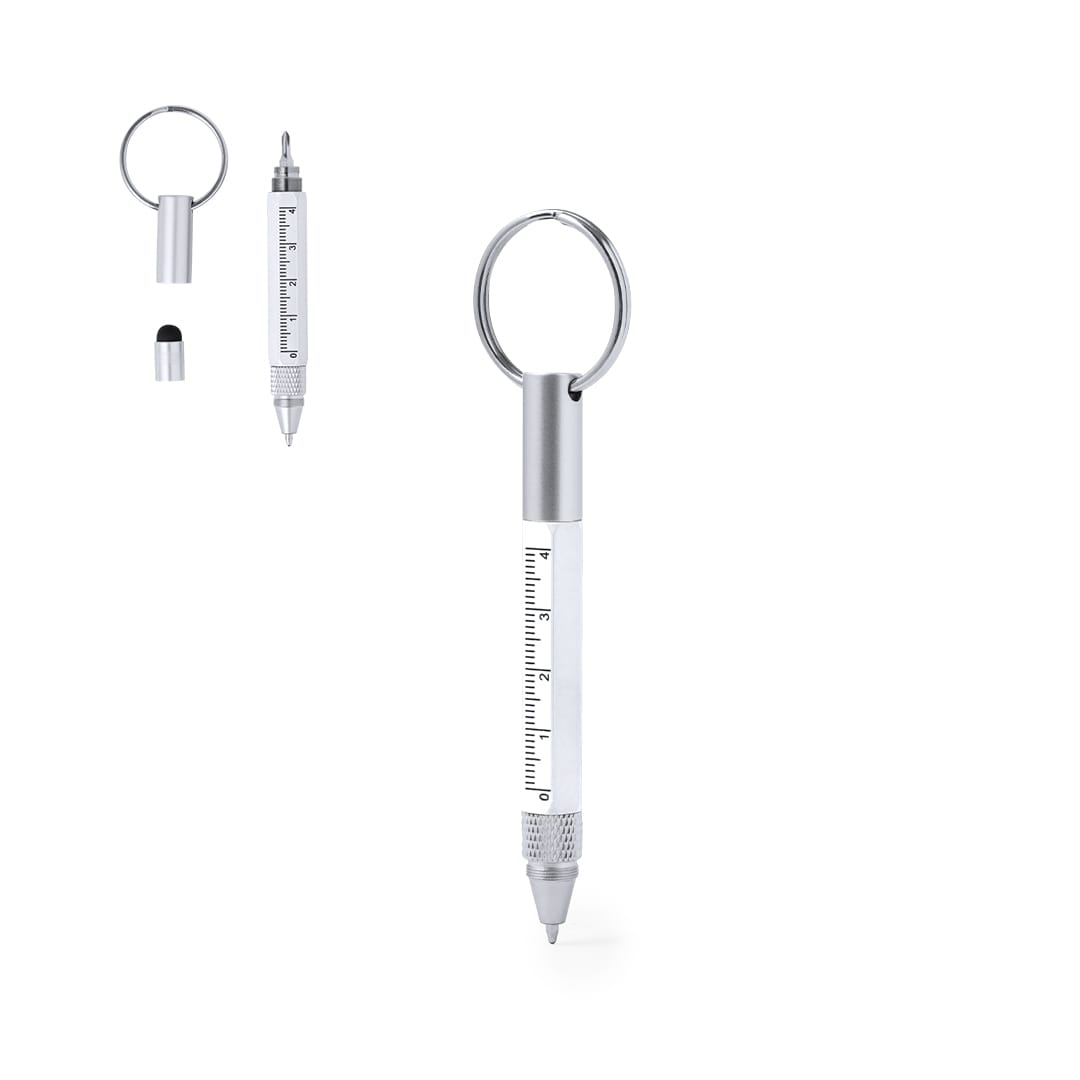 A silver multifunction pen with a keyring attachment, featuring a sleek design and multiple writing tips. Lexi Multifunction Pen - Image 1