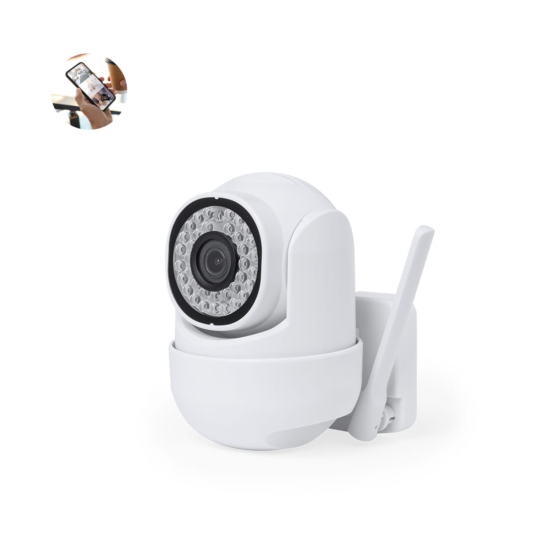 A white smart camera with night vision features and a mounting attachment, designed for home surveillance. Grotex Smart Camera - Image 1