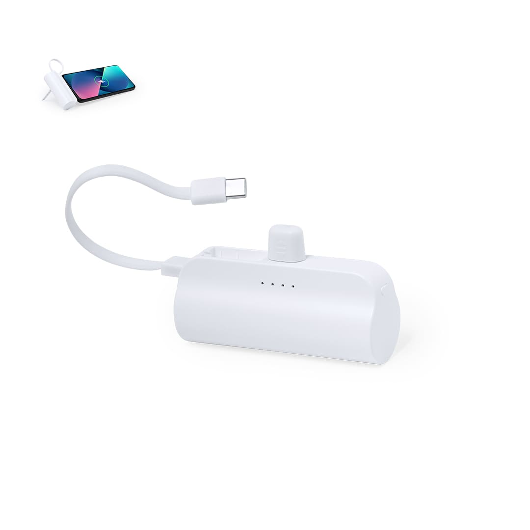 A white power bank with a USB-C cable attached and indicator lights, featuring a logo on the side. Laford Power Bank - Image 1