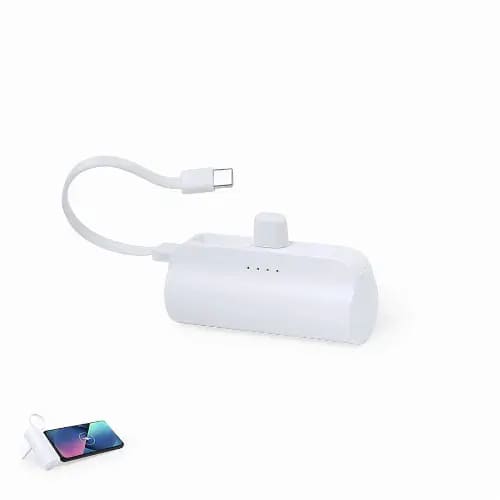 A portable white charging power bank with a USB-C cable and indicator lights, featuring a logo on the side. Laford - Image 1