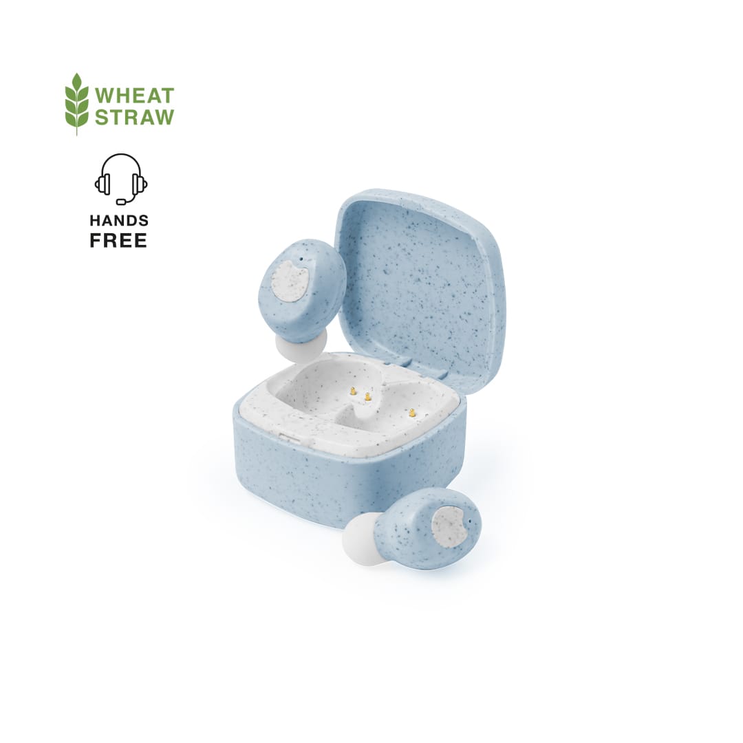 A pair of light blue earphones in a matching case, made from wheat straw material. The case is open with the earbuds visible inside. Oriley Earphones - Image 1