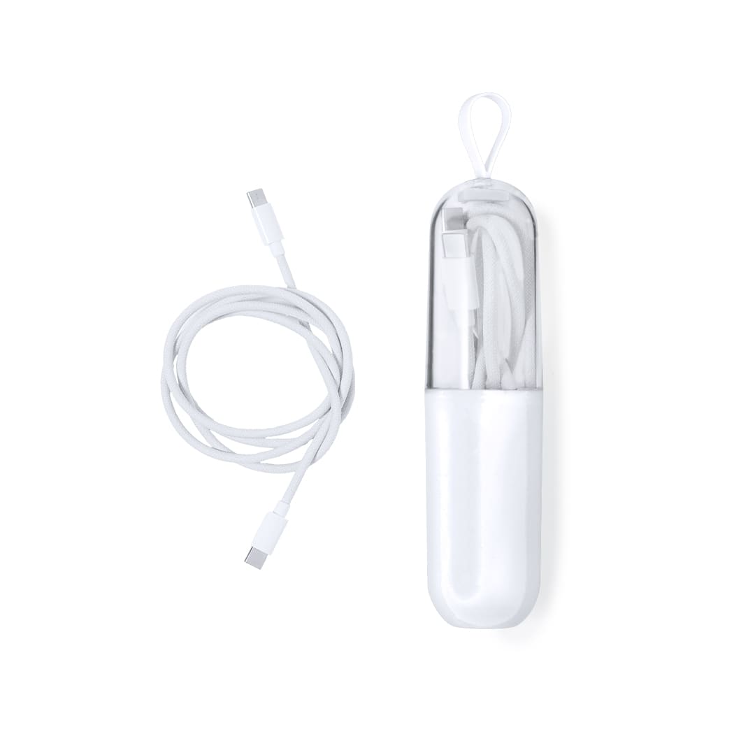 A white charging cable neatly coiled in a transparent storage case, featuring a loop for easy carrying. Skot Charging Cable - Image 1