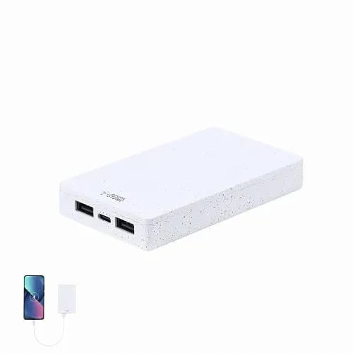 A portable power bank in white with a speckled finish, featuring multiple USB ports for charging devices. Noiman - Image 1