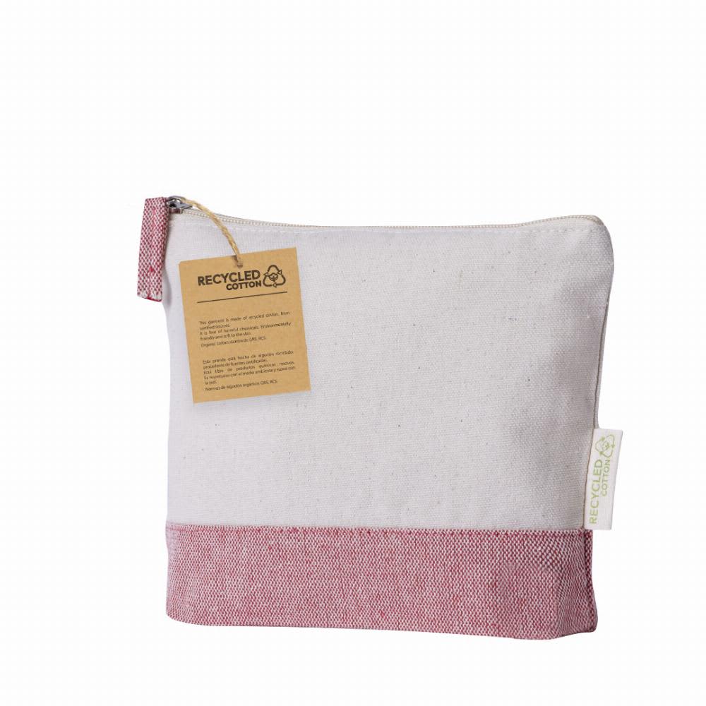 A zippered pouch made of recycled cotton, featuring a white body and a red bottom portion. It has a tag attached. Velerox - Image 1