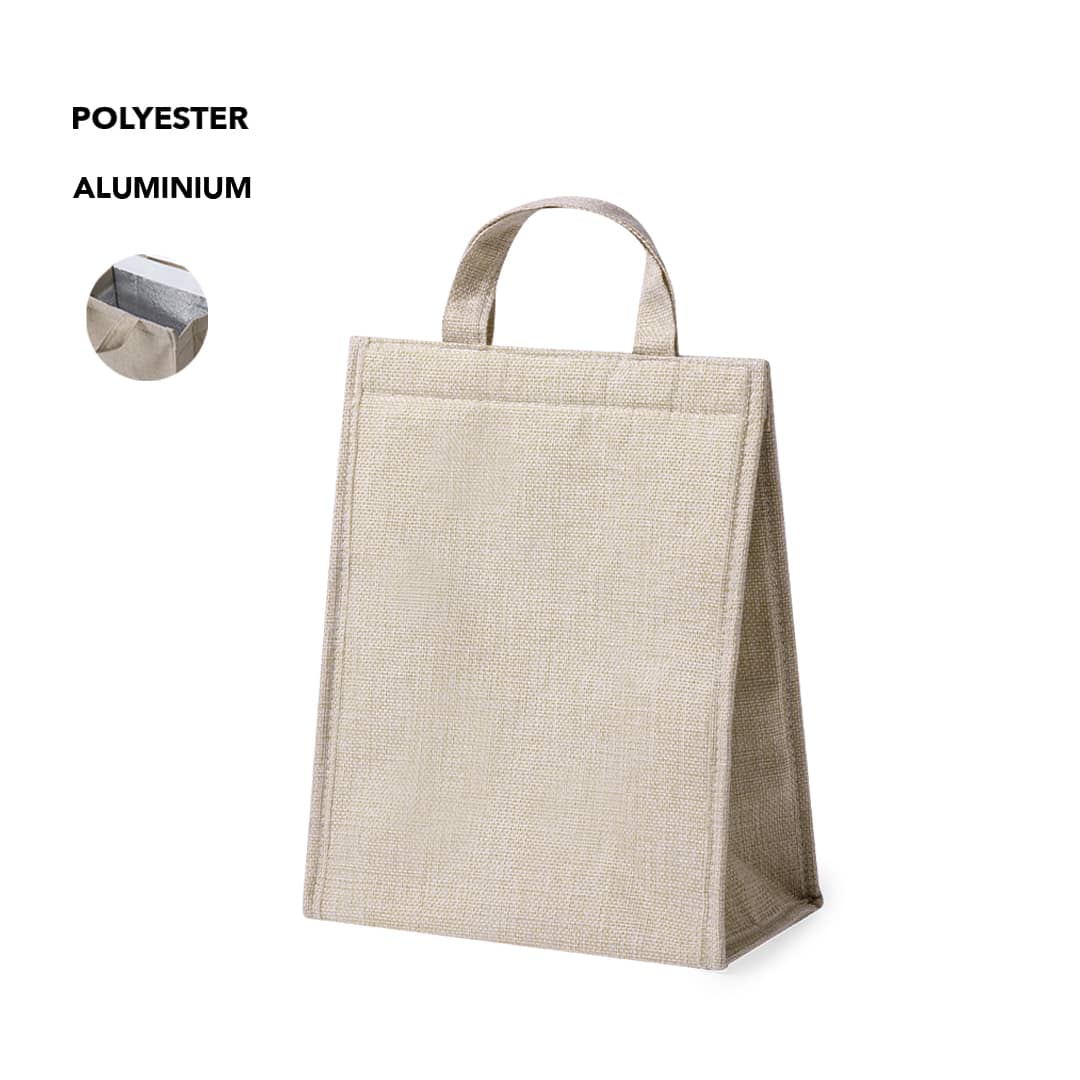 A beige cooler bag with a textured finish and a carry handle, made from polyester and aluminium. It features a logo. Saimons Cool Bag - Image 1