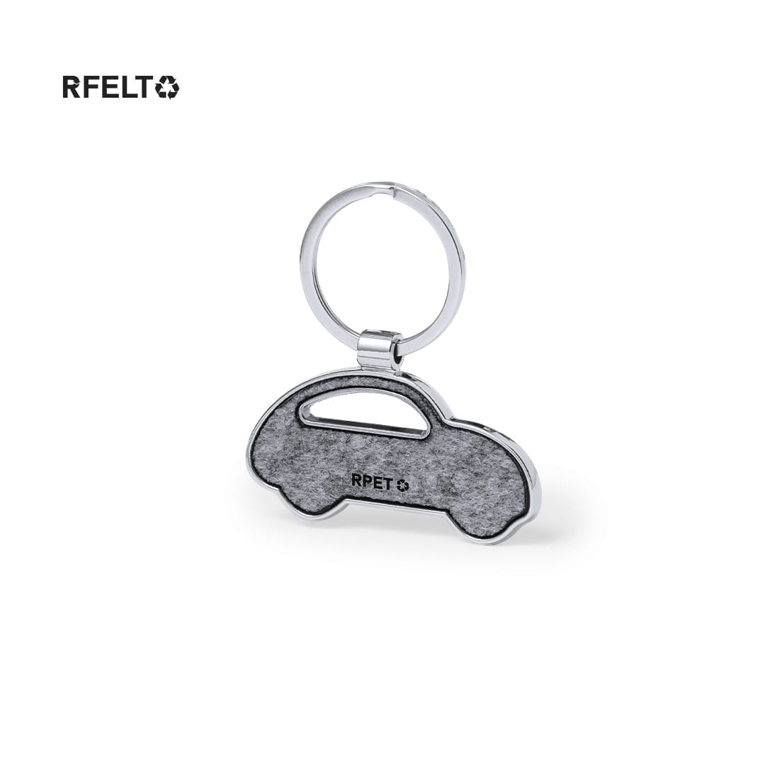 A silver keyring shaped like a car, featuring a grey felt texture and a branding logo. Hailton Keyring - Image 1
