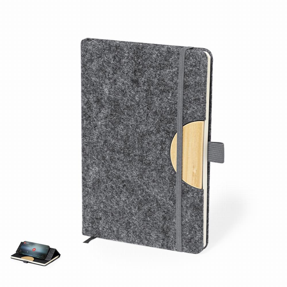 A grey felt notebook with a wooden accent and an elastic closure. A small phone holder is also featured beside it. Kobain - Image 1