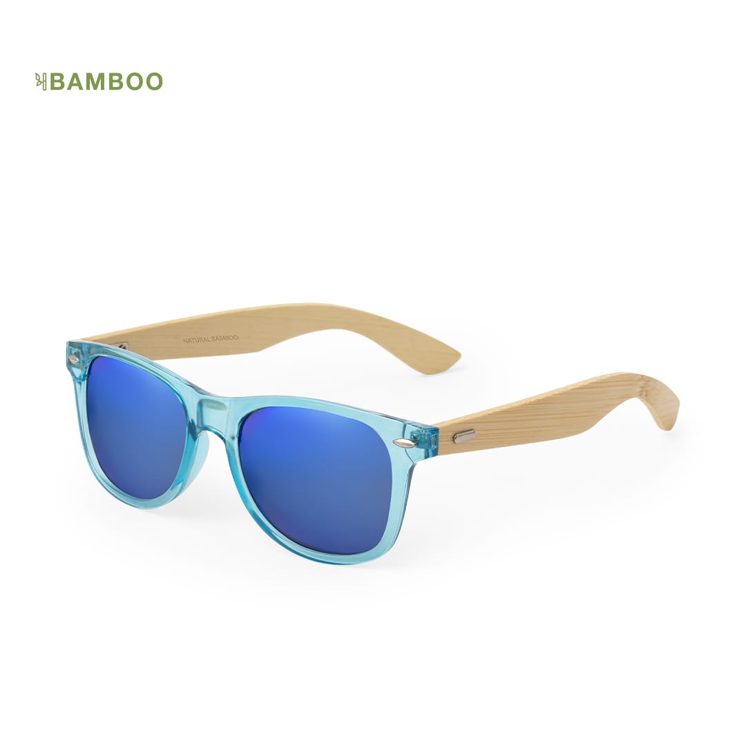 A pair of blue sunglasses featuring bamboo arms and mirrored lenses, with a logo on the frame. Dristan Sunglasses - Image 1
