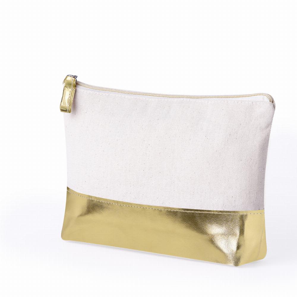 A cosmetic pouch with a white fabric upper and a shiny gold metallic bottom, featuring a zipper closure. Radynel - Image 1