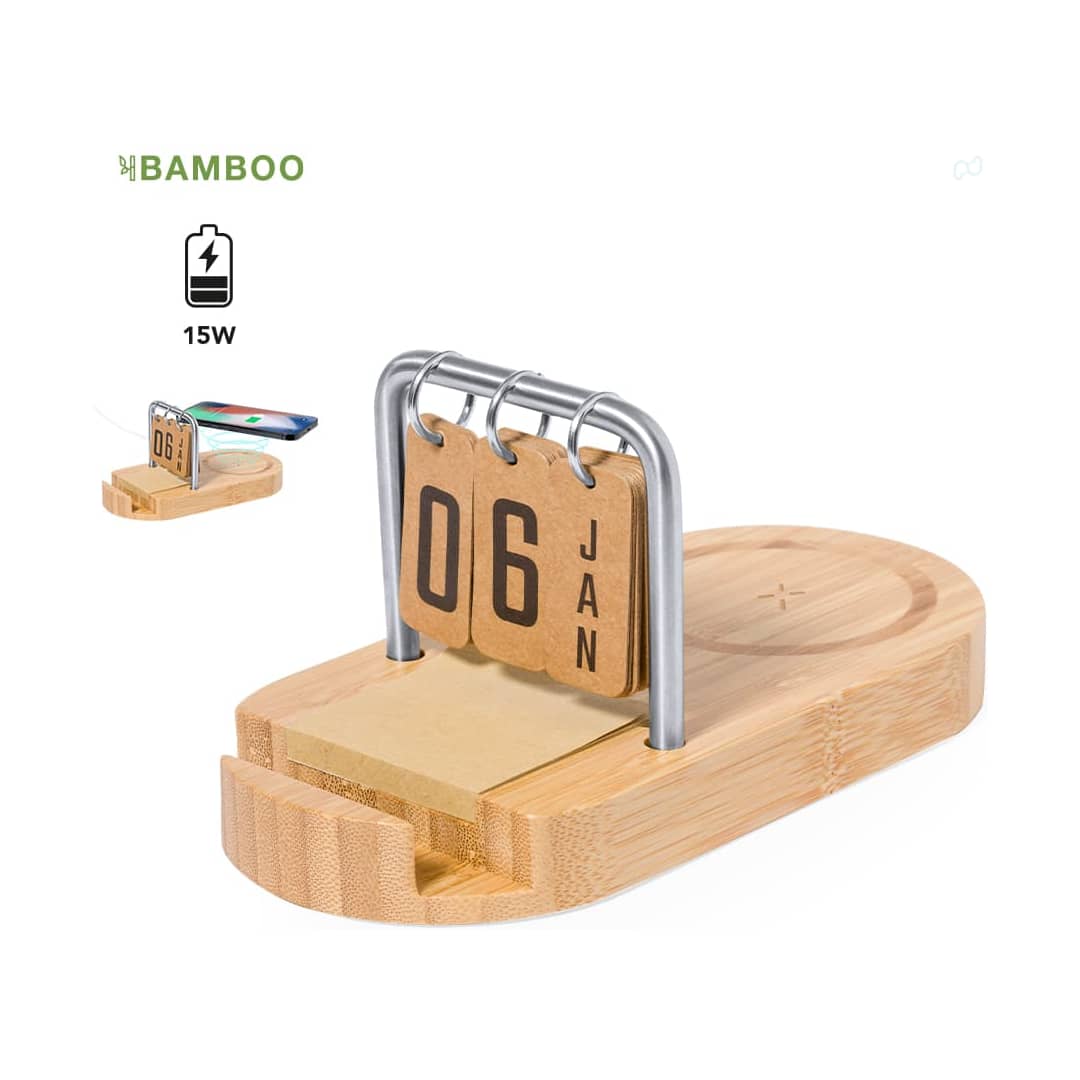 A bamboo multifunction charger with a wooden base and metal calendar hooks displaying the date, designed for wireless charging. Sainford Multifunction Charger - Image 1