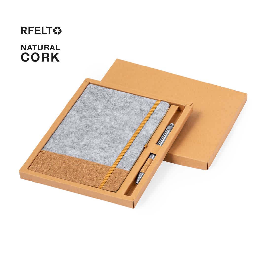 A notebook with a grey felt cover and cork accent, packaged in a brown box with a pen included. Webermax Set - Image 1
