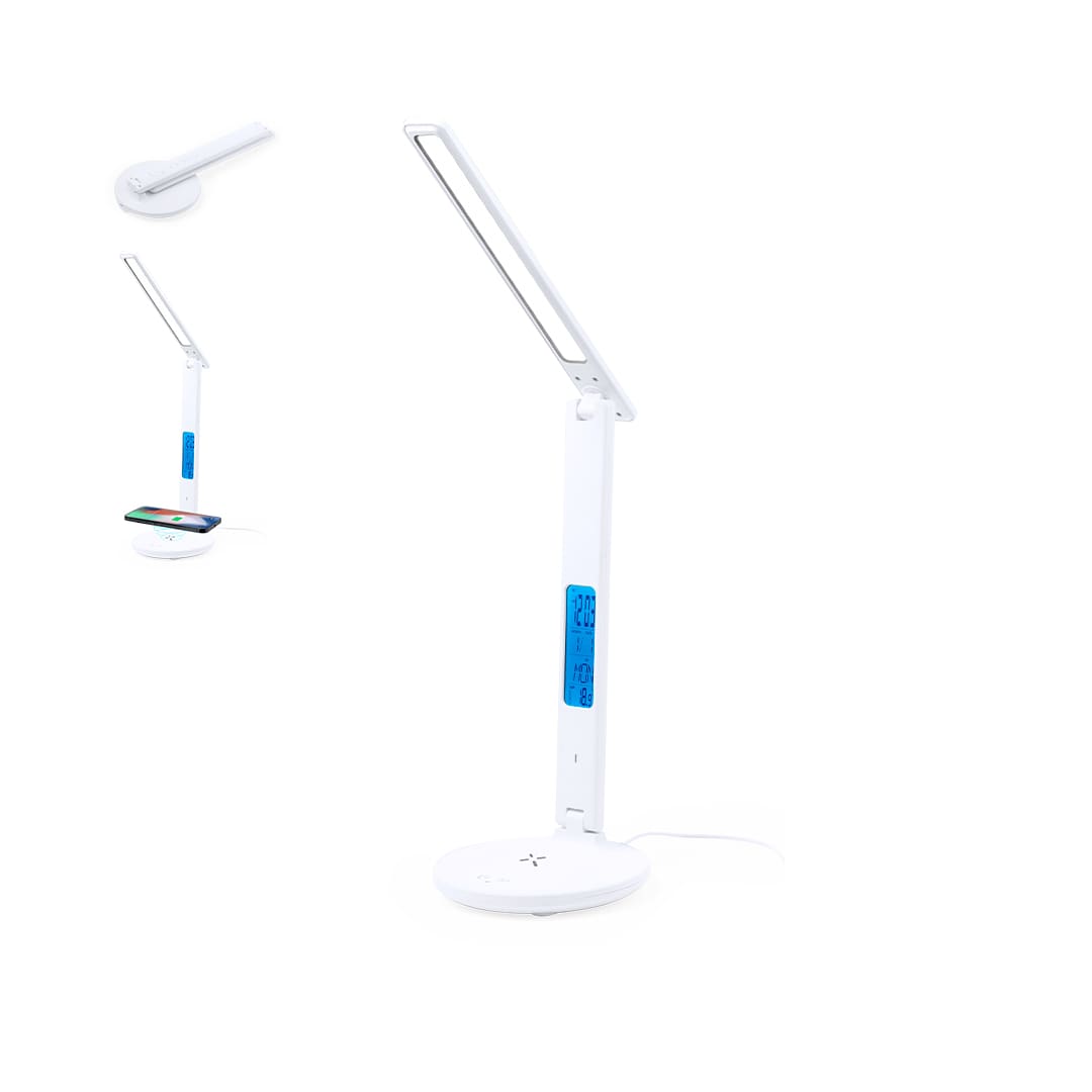 A white multifunction lamp with a sleek design and an integrated digital display for time and temperature. Evanex Multifunction Lamp - Image 1
