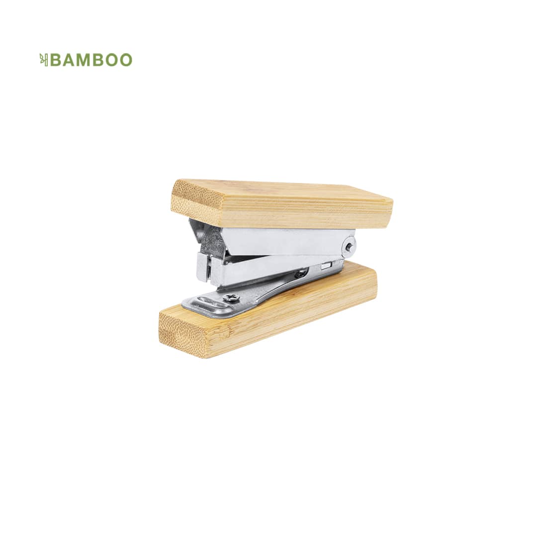 A bamboo stapler with a metal mechanism, showcasing a natural wood finish. It includes a logo. Hunzu Stapler - Image 1