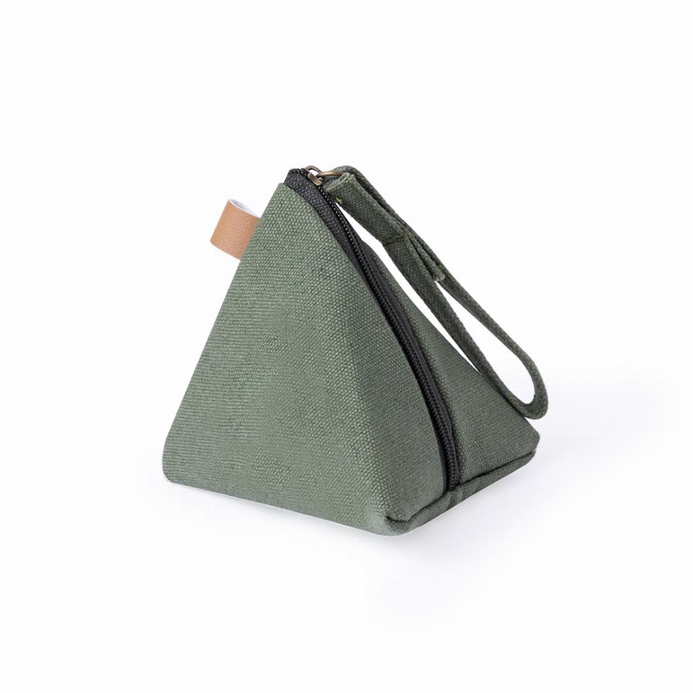 A triangular green pouch with a zipper and a wrist strap, made from textured fabric. Zarynix - Image 1