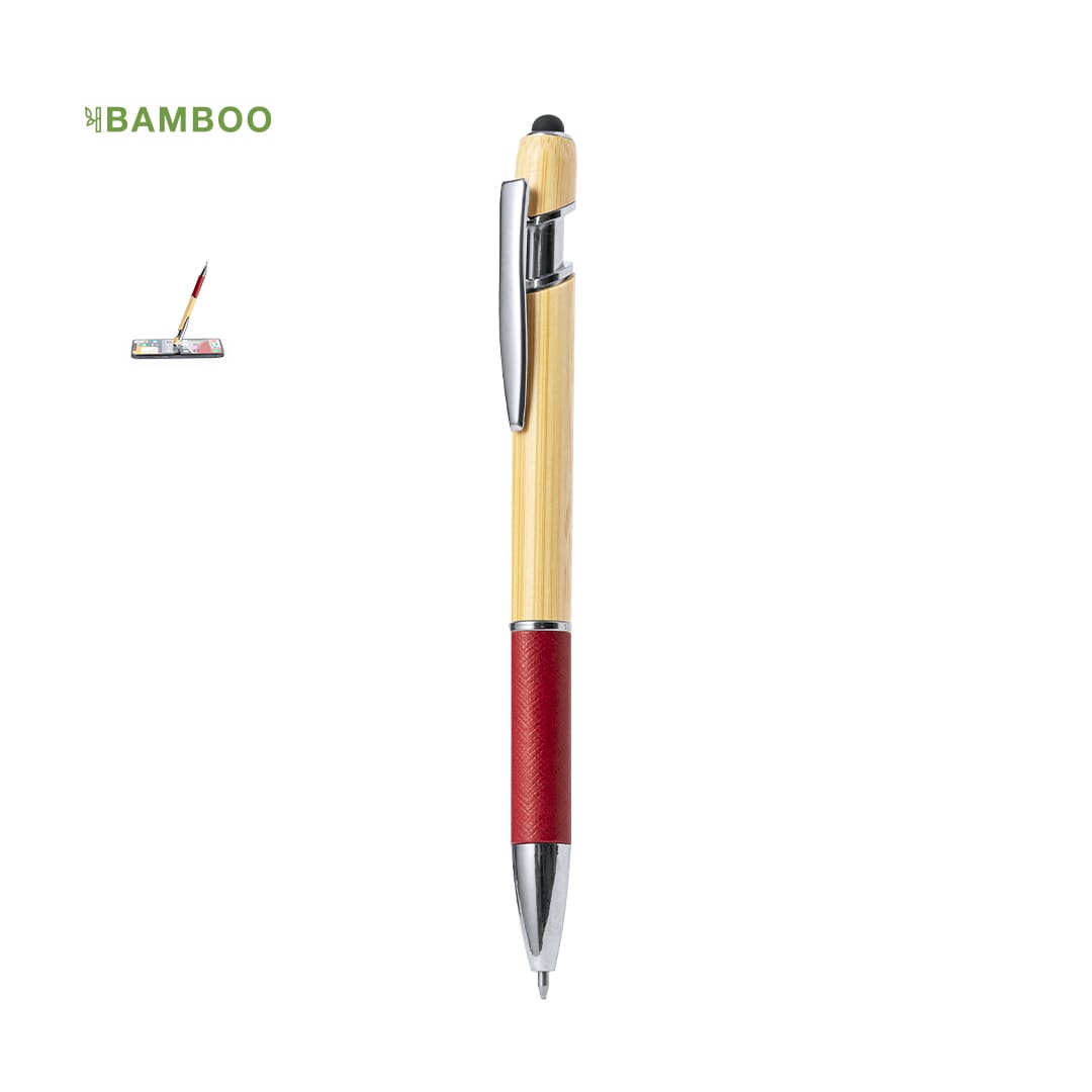 A bamboo stylus touch ball pen with a silver clip and red grip. The product features a logo. Filipo Stylus Touch Ball Pen - Image 1