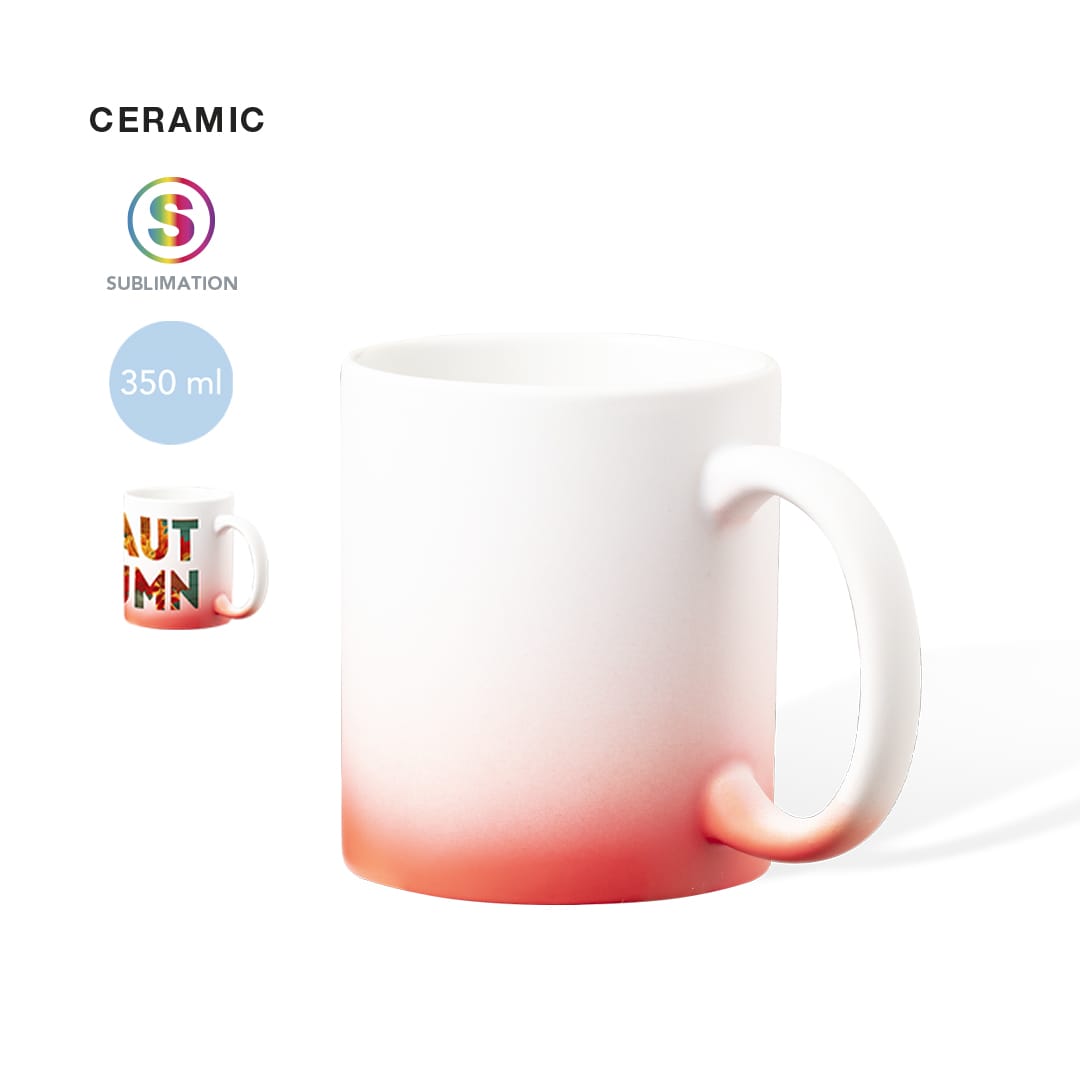 A ceramic coffee mug featuring a smooth white finish transitioning to a gradient of orange at the bottom. Lanteira Sublimation Mug - Image 1