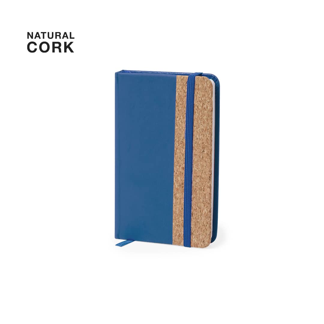 A blue notepad with a natural cork cover and an elastic band. It features a band for easy closure. Tierzo Notepad - Image 1