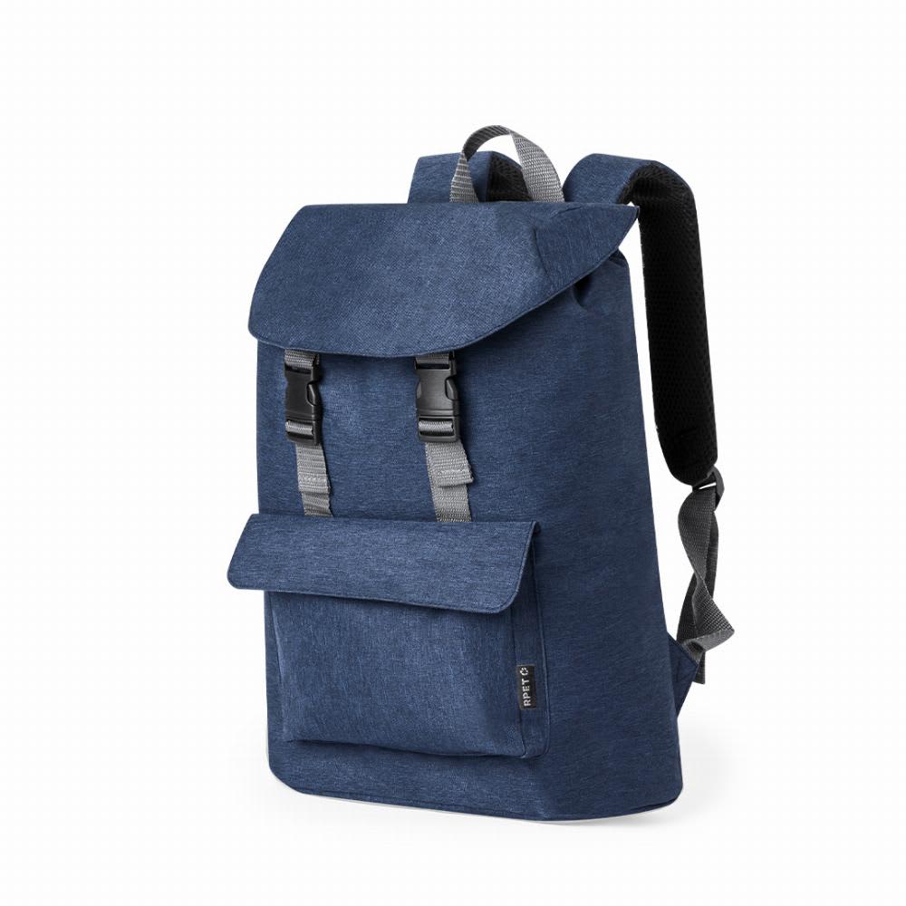 A backpack in navy blue with a flap top, featuring adjustable straps and a front pocket. It has a logo on the side. Turmon - Image 1