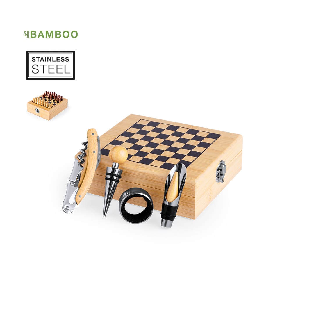 A bamboo wine set with stainless steel tools, featuring a chessboard design and assorted accessories in natural tones. Paluk Wine Set - Image 1