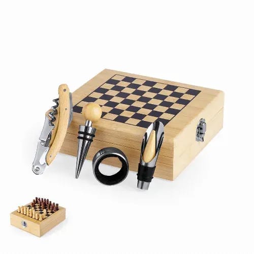 A chess set in a wooden box, featuring a wine opener, bottle stopper, and pieces in a small drawer. Paluk - Image 1