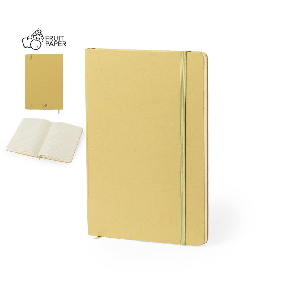 A notebook made of fruit paper, featuring a yellow cover and an elastic closure, with lined pages inside. Faty Notepad - Image 1