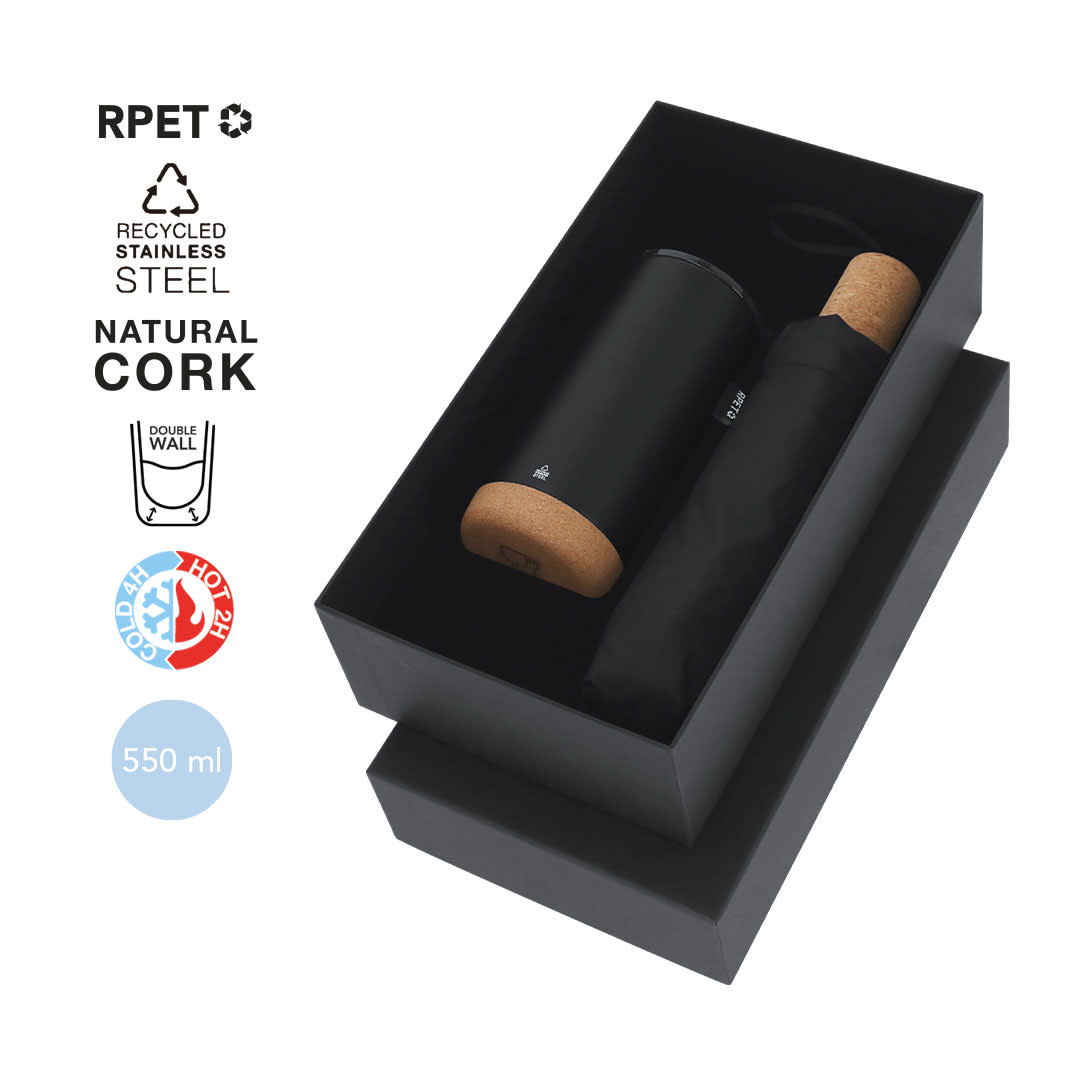 A drink bottle in black recycled stainless steel, featuring a natural cork lid, presented in a black gift box. Neolux Set - Image 1