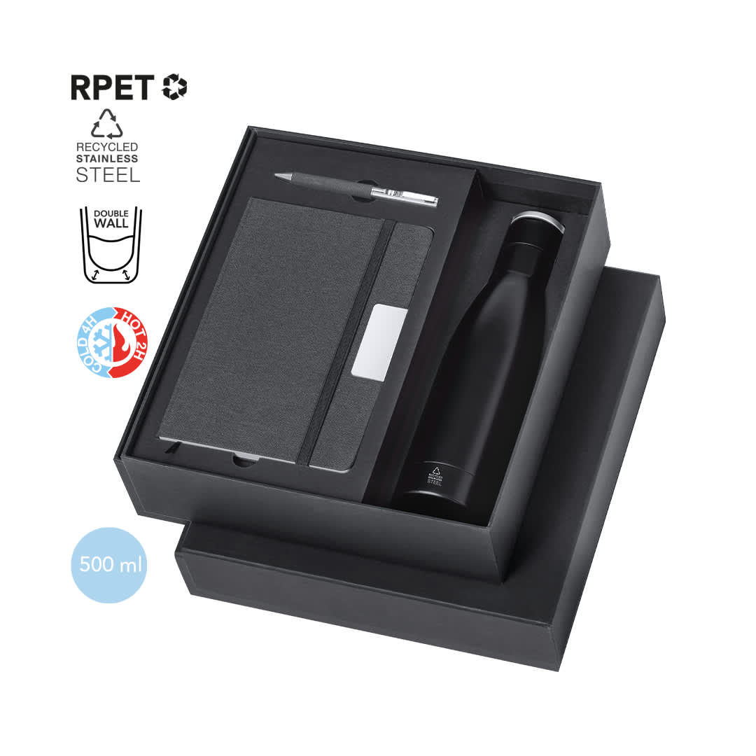 A drink bottle, black notebook, and pen arranged in a black gift box, featuring a logo on the bottle. Datiford Set - Image 1