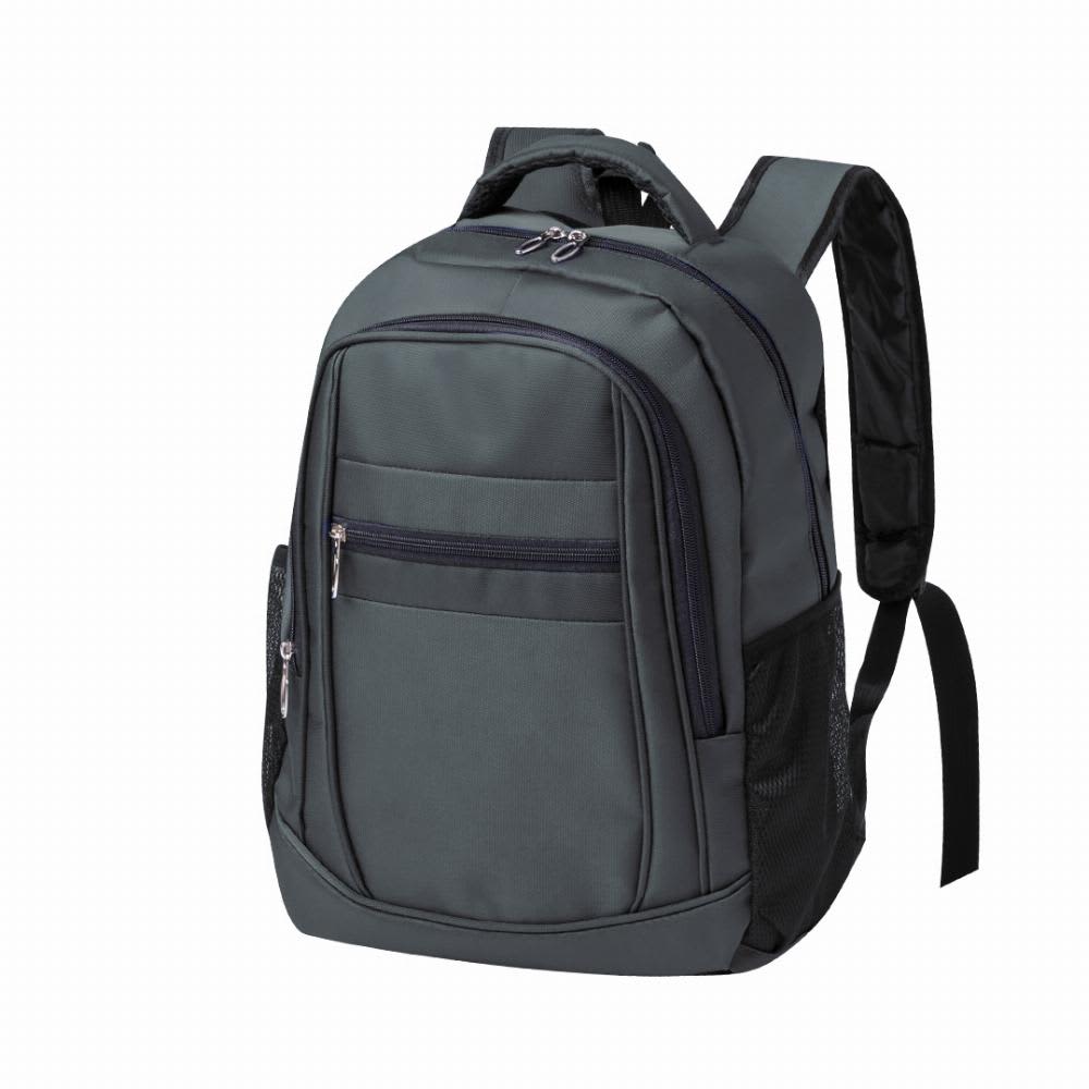 A grey backpack featuring multiple compartments and mesh side pockets, with padded shoulder straps. Ospark - Image 1