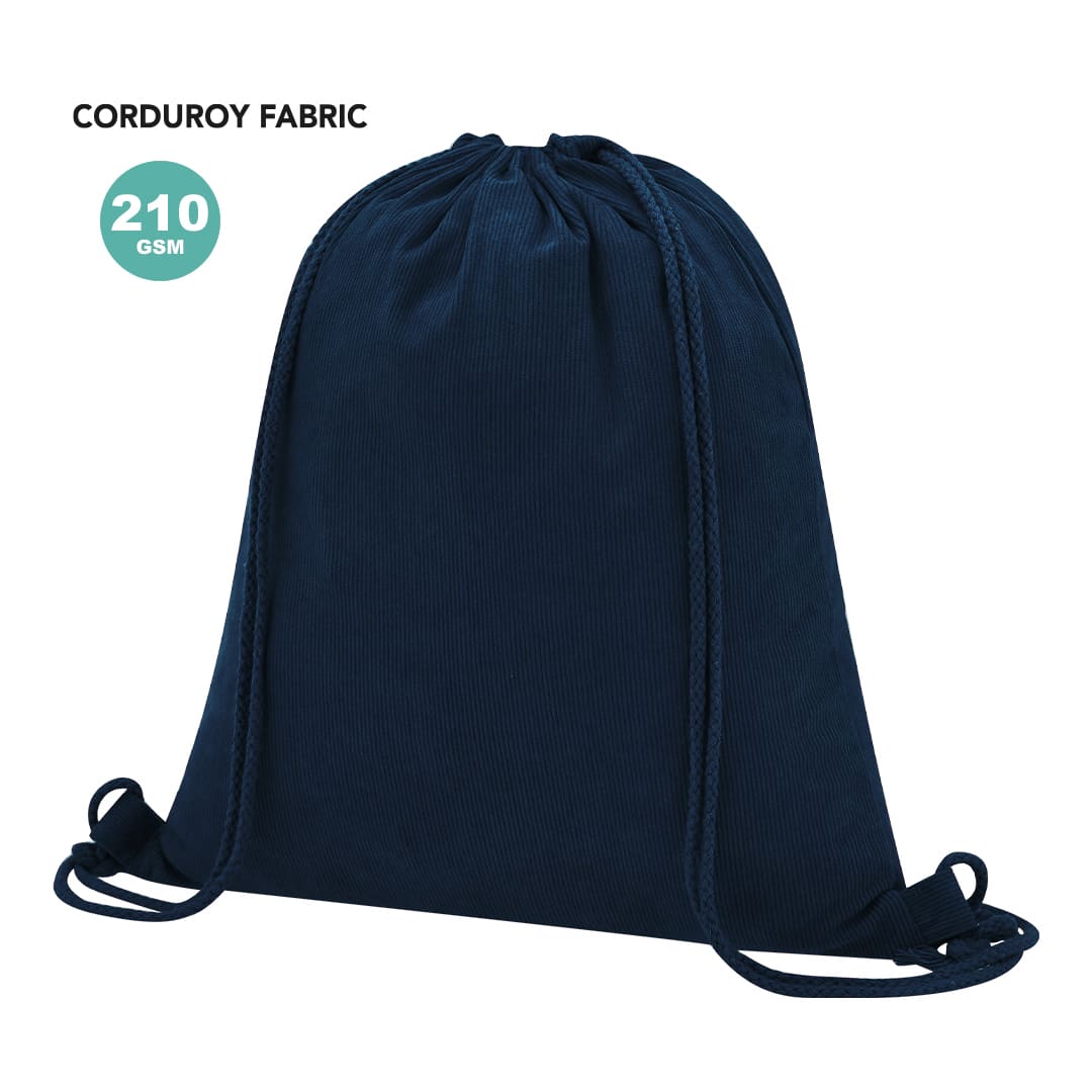 A navy blue drawstring bag made of corduroy fabric, featuring a logo and adjustable drawstrings. Azurax Drawstring Bag - Image 1