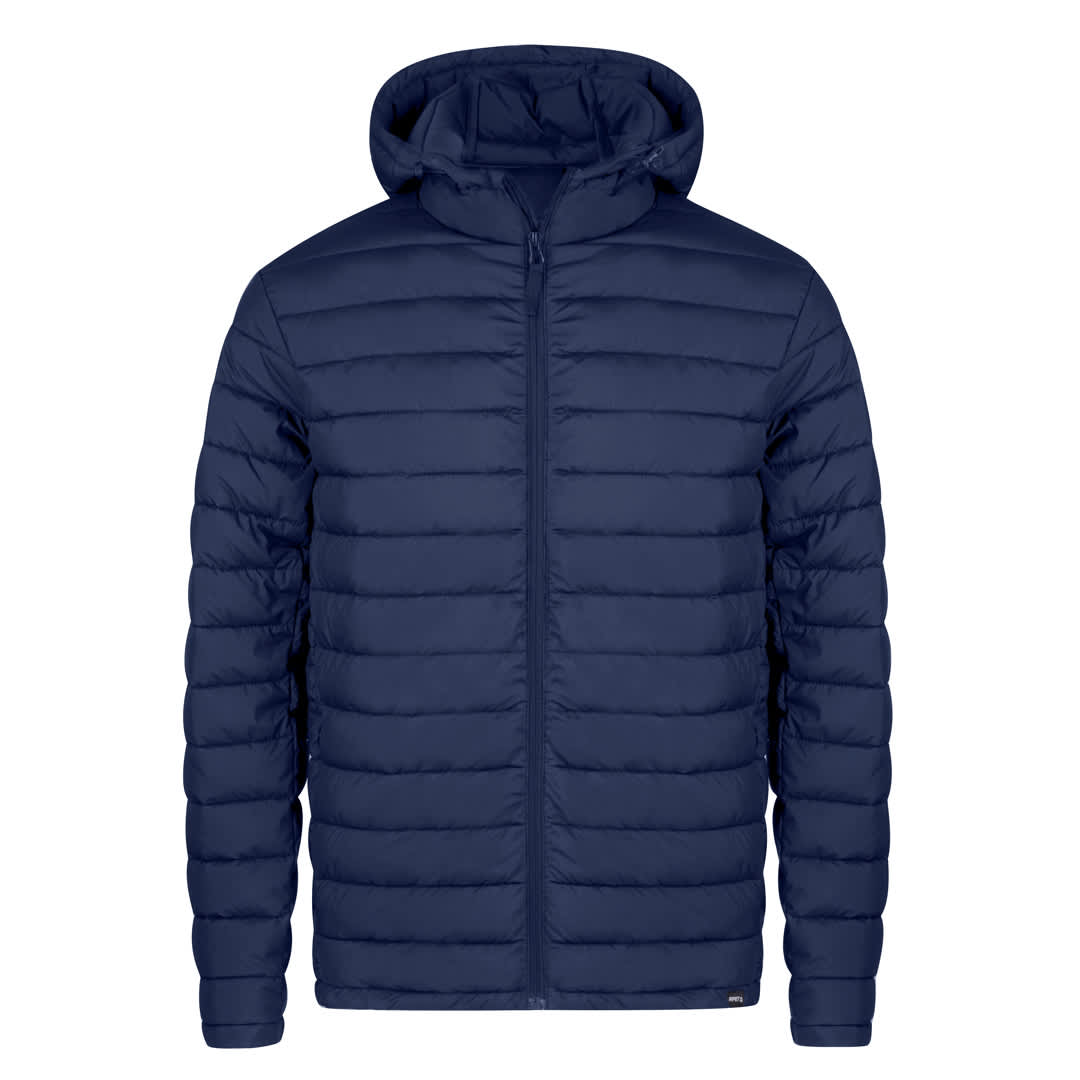 A navy blue puffer jacket with a hood and zip front, featuring stitched detailing and a logo. Likpan Jacket - Image 1