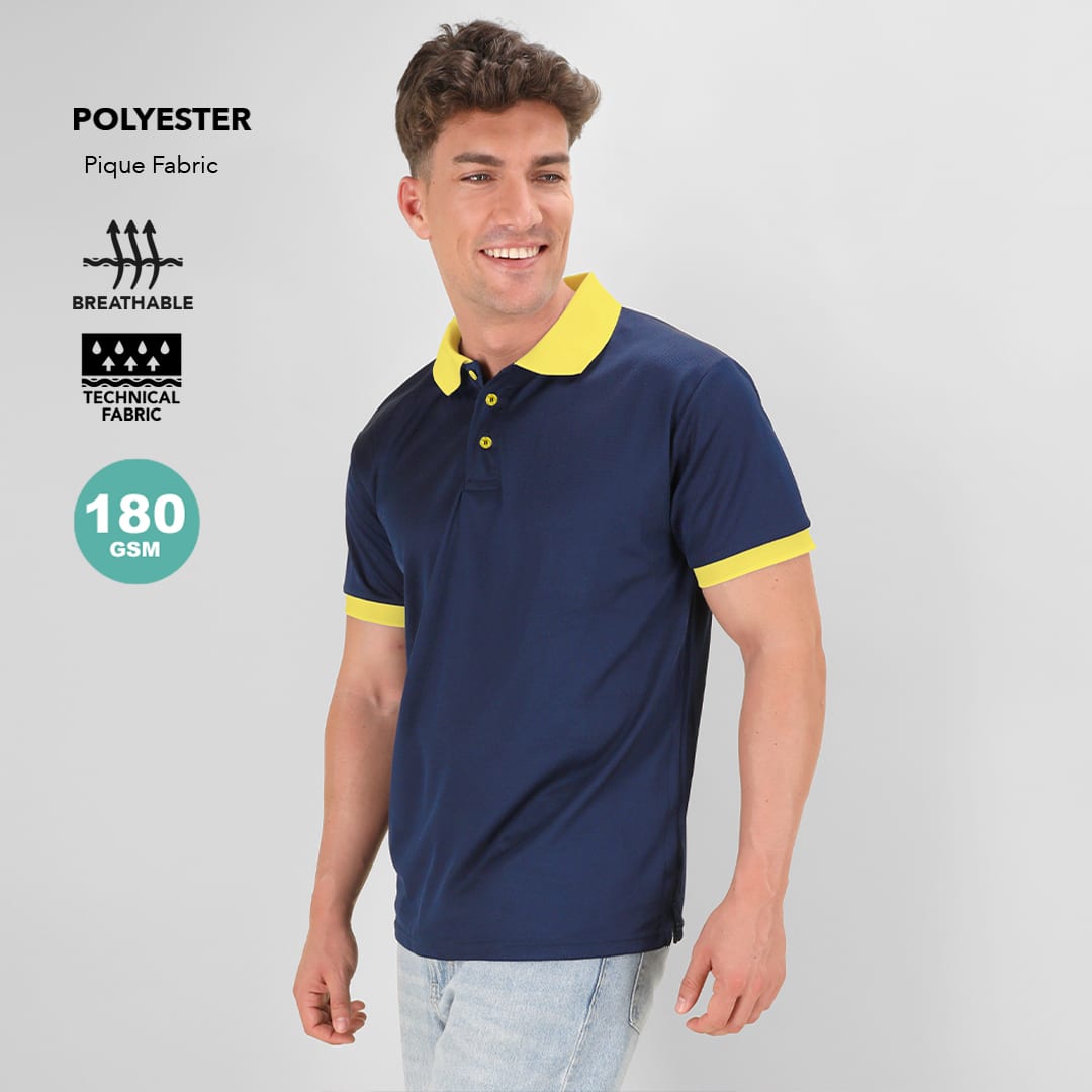 A navy polo shirt with a yellow collar, featuring a logo, made from breathable polyester fabric. Tecnic Rebon Polo Shirt - Image 1