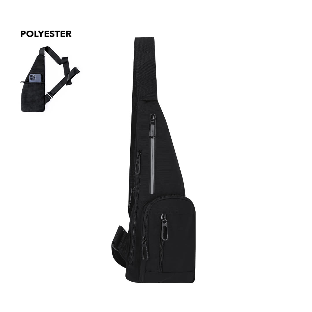 A black shoulder bag in a satchel style, made of polyester, featuring multiple zippered pockets and a logo. Fadaok Shoulder Bag - Image 1