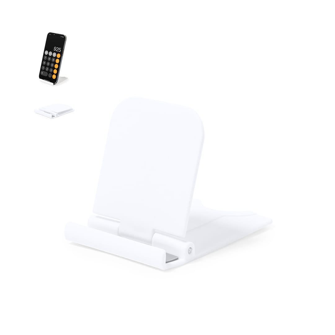A white smartphone and tablet holder, featuring a foldable design. It includes a branding logo on the surface. Linkil Holder - Image 1
