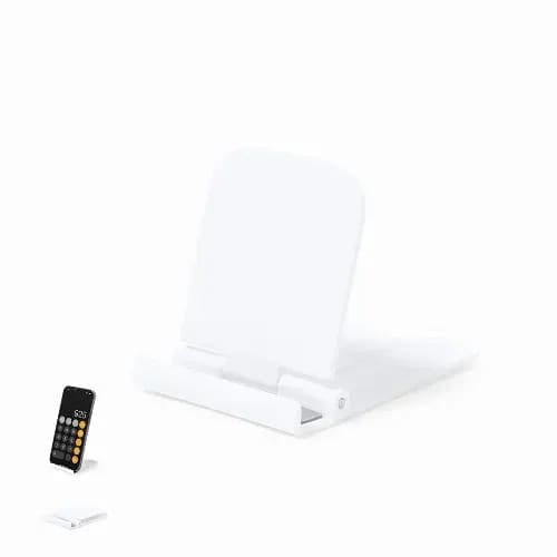 A phone stand in white, featuring a sleek design and a compact form, holding a mobile device at an angle. Linkil - Image 1