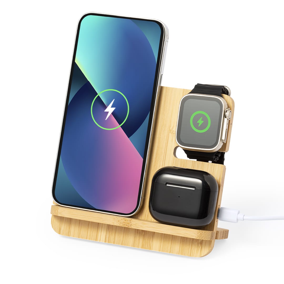A wireless charger in wood with a space for a phone, smartwatch, and earbuds, featuring a green charging indicator. Hamsy Charger - Image 1