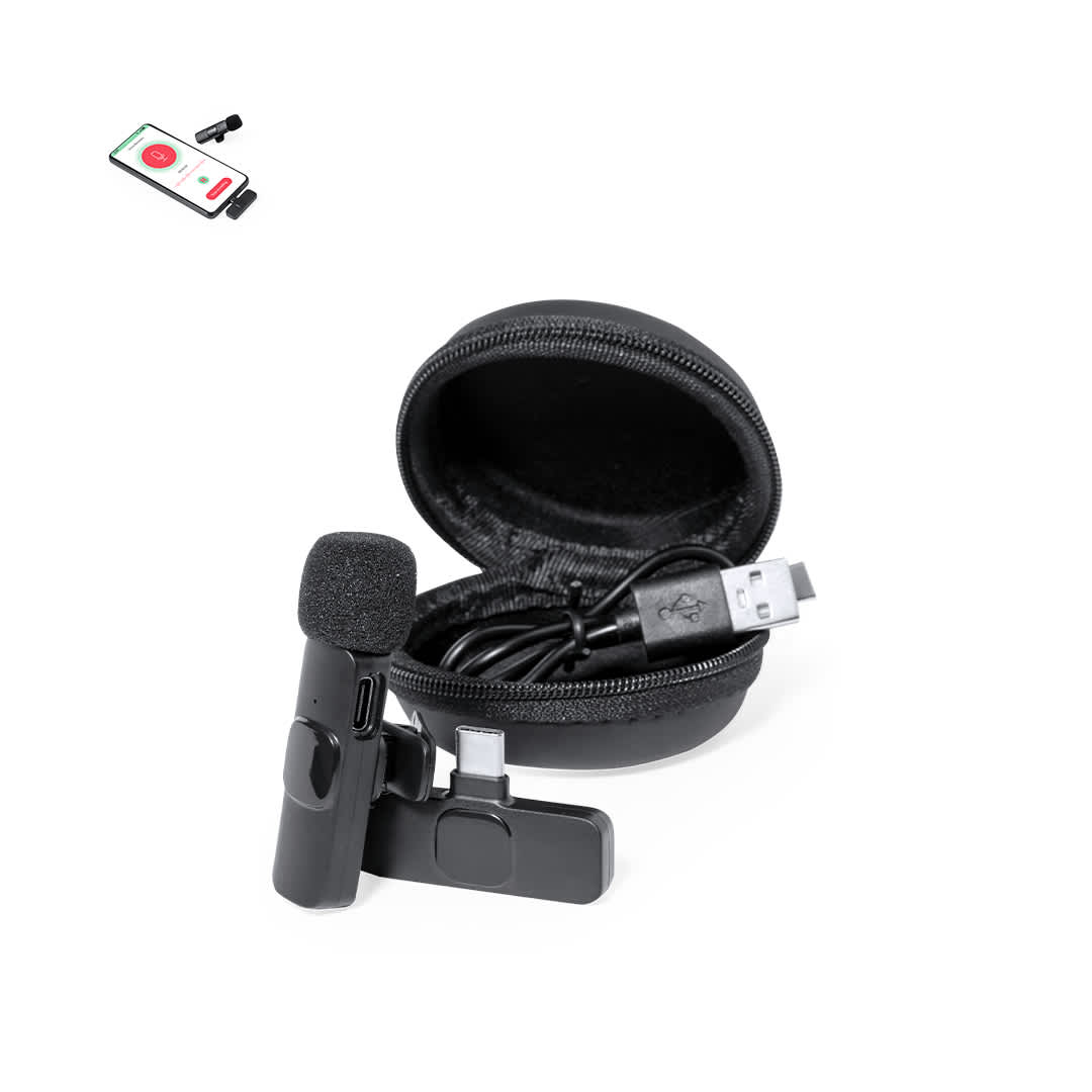 A black microphone is displayed alongside a charging cable and a compact carrying case, with a phone graphic in the background. Spart Microphone - Image 1