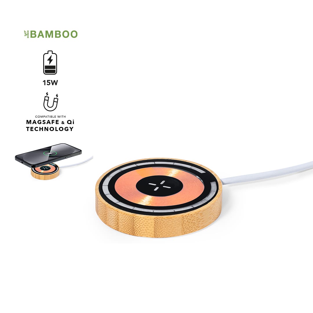 A wireless charger with a bamboo base and a circular design, featuring a black and gold charging surface. Ming Charger - Image 1