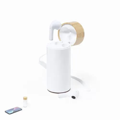 A white drink bottle with a wooden lid, alongside wireless earphones and a smartphone. The bottle has a logo. Lac - Image 1