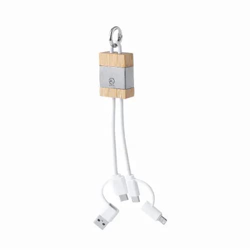 A multi-cable charger with a wooden centre and two white charging cables. It features a carabiner for attachment. Desak - Image 1